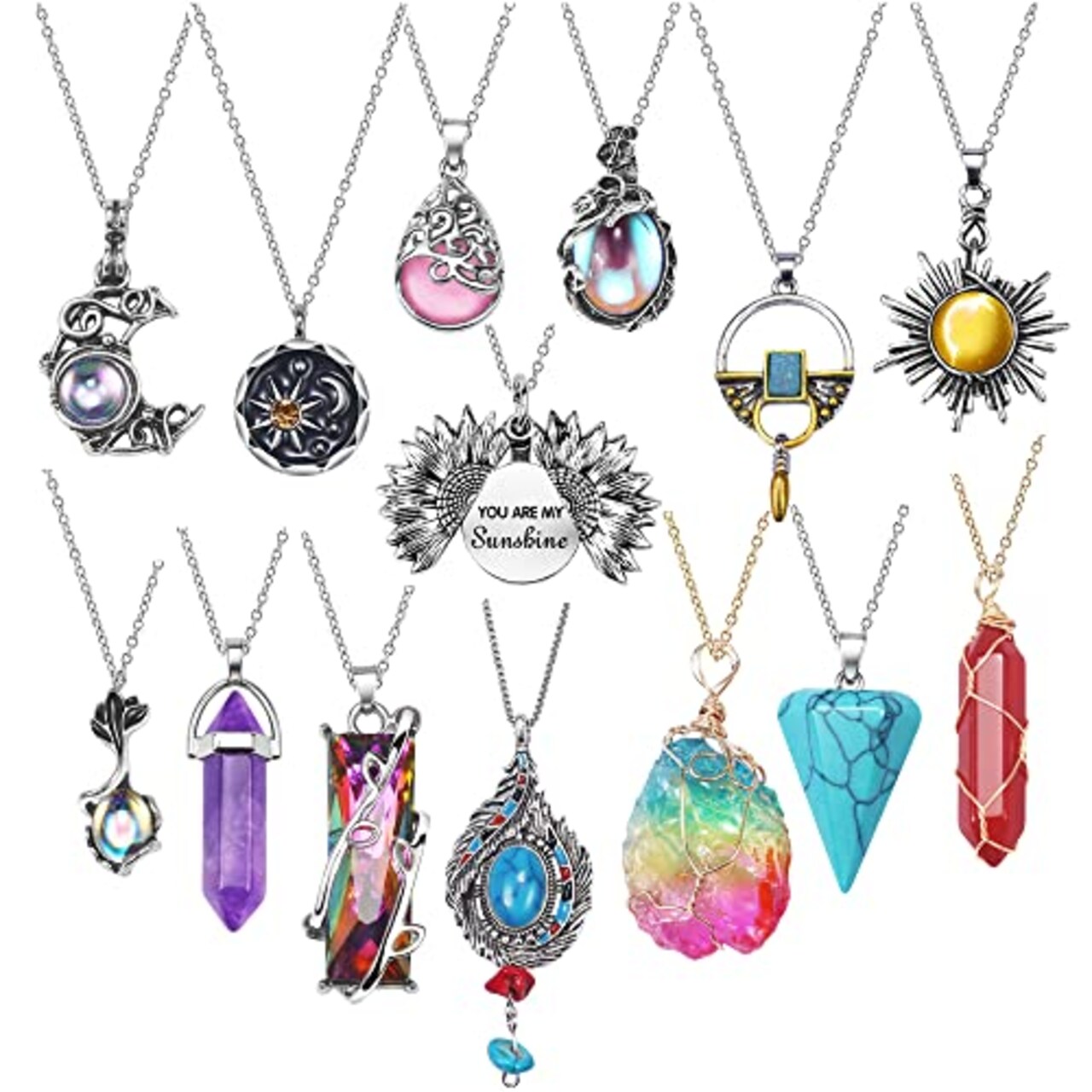 14 Pieces Vintage Crystal Pendant Necklaces for Women Girls Chakra Healing Carnelian Necklace Bohemian Retro Sunflower Necklace Sun and Moon Pendants